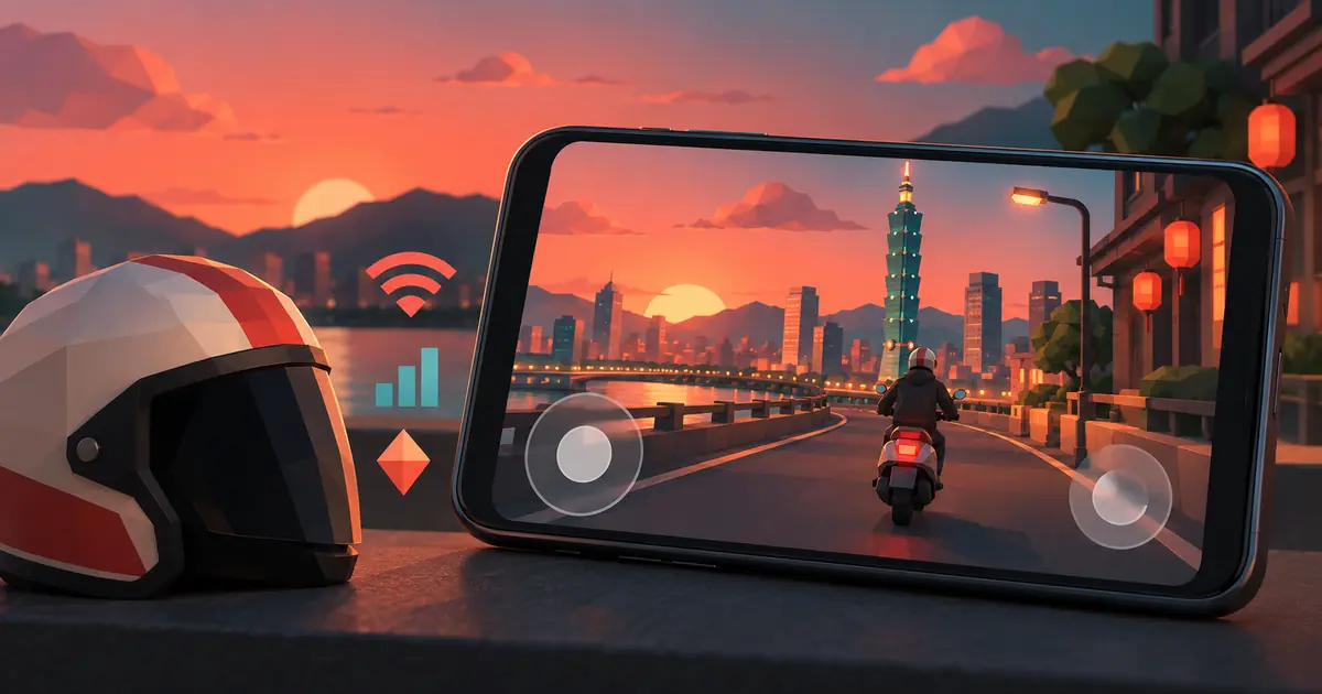 Illustration of a landscape phone with a Taipei scooter scene and conceptual touch controls, not a game screenshot